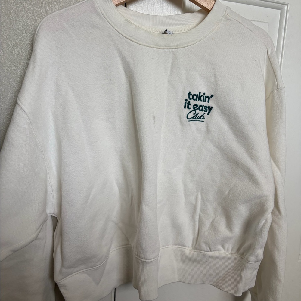 Old Navy Cream Crewneck Sweatshirt with Teal Chest Script